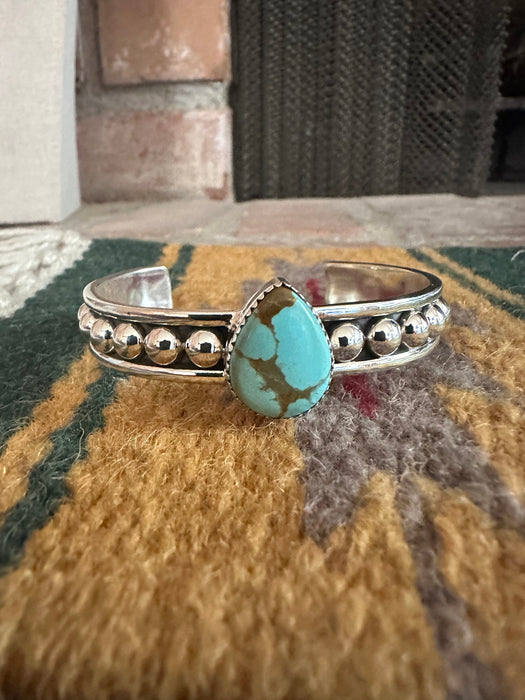 Handmade Number 8 Turquoise & Sterling Silver Single Stone Adjustable Cuff Bracelet