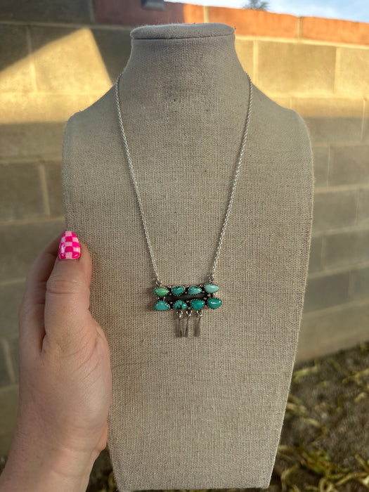 Handmade Sterling Silver & Sonoran South Hill Turquoise Bar Fringe Necklace