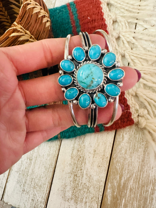 Navajo Kingman Turquoise & Sterling Silver Cluster Cuff Bracelet