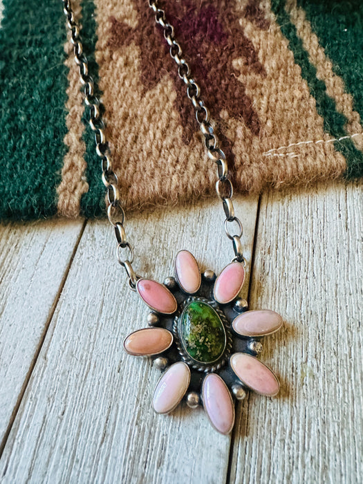 Navajo Sterling Silver, Queen Pink Conch Shell & Turquoise Necklace