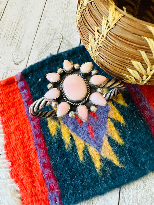 Navajo Queen Pink Conch Shell & Sterling Silver Cluster Cuff Bracelet