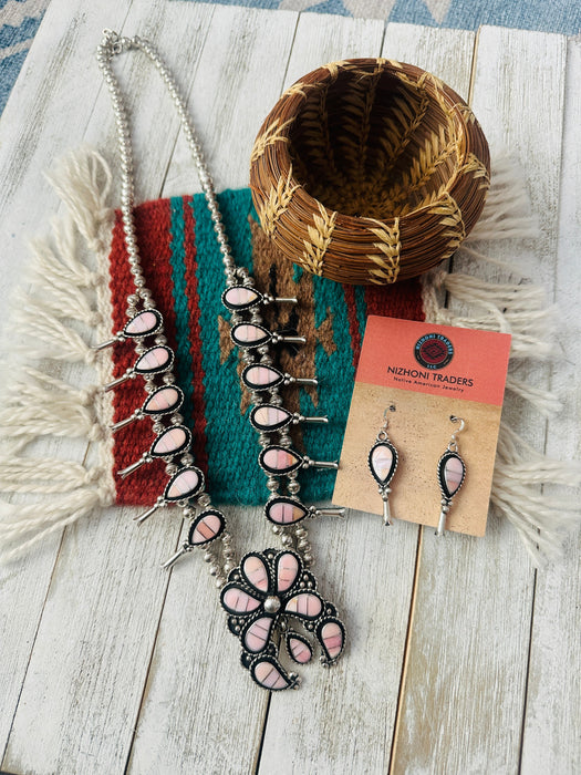 Zuni Sterling Silver & Queen Pink Conch Squash Blossom Necklace Set