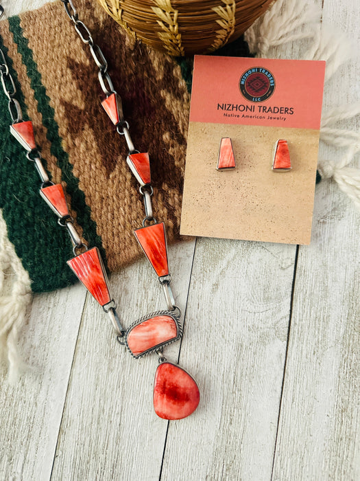 Navajo Sterling Silver & Orange Spiny Oyster Necklace Set