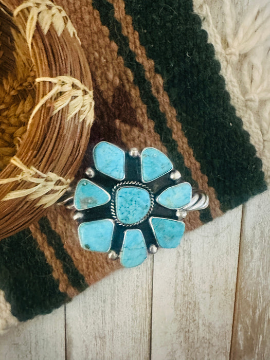 Navajo Kingman Turquoise & Sterling Silver Cluster Cuff Bracelet