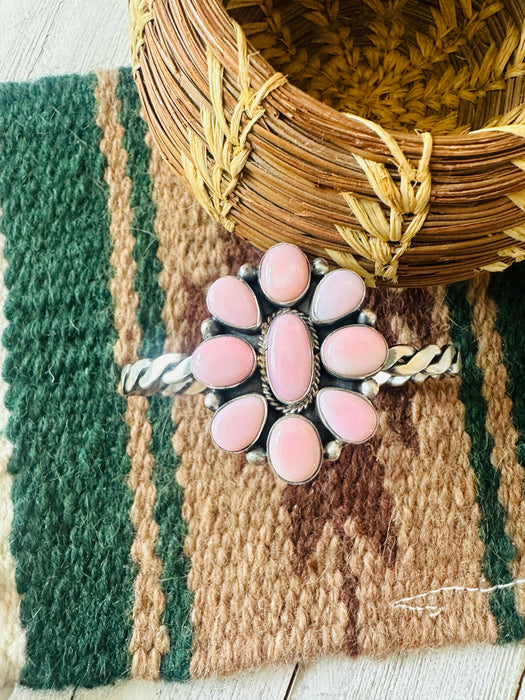 Navajo Queen Pink Conch Shell & Sterling Silver Cluster Cuff Bracelet