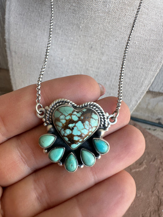 Beautiful Handmade Sterling Silver & Number 8 Turquoise Heart Necklace