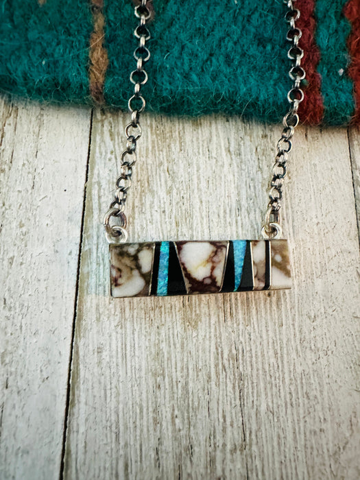 Navajo Multi Stone & Sterling Silver Inlay Bar Necklace