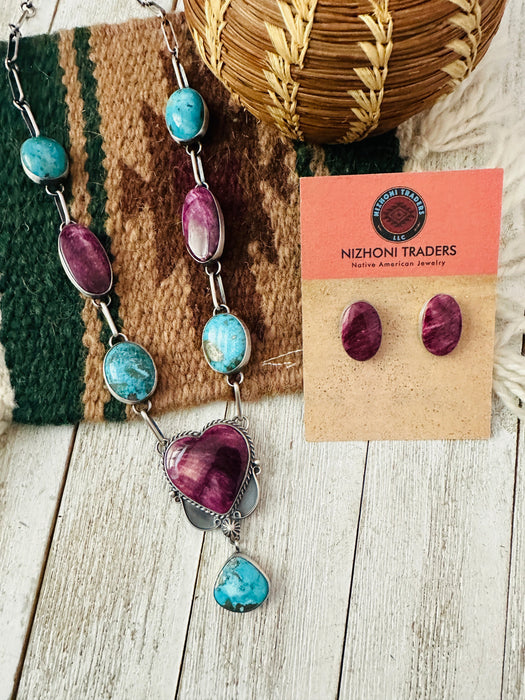 Navajo Sterling Silver, Spiny Oyster & Turquoise Necklace Set