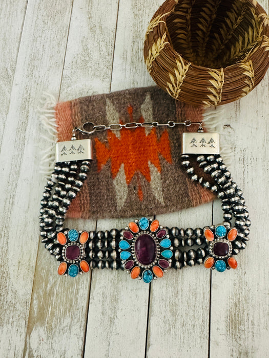 Navajo Spiny, Turquoise & Sterling Silver Beaded Choker Necklace