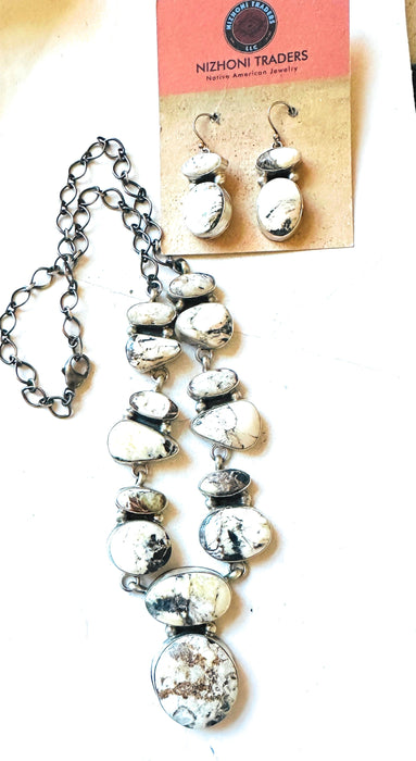 Navajo Sterling Silver & White Buffalo Necklace Set by Ella Peter