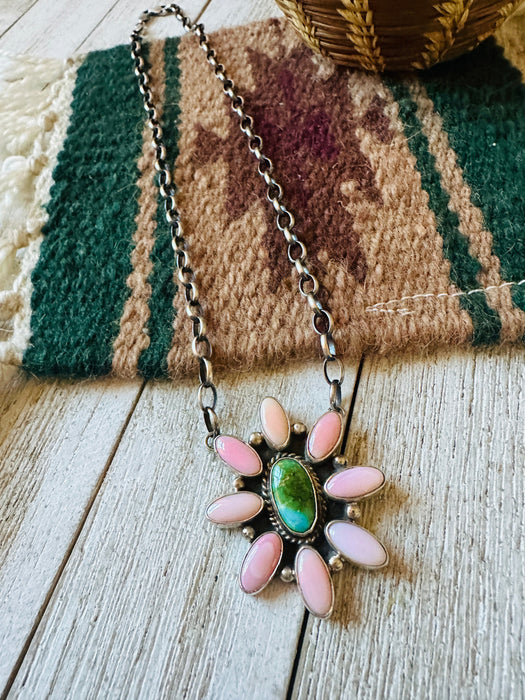 Navajo Sterling Silver, Queen Pink Conch Shell & Turquoise Necklace