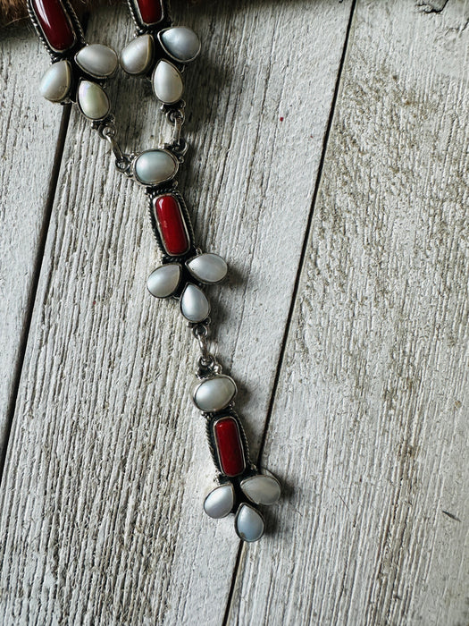 Handmade Sterling Silver, Pearl & Coral Necklace Earring Ring Set Signed Nizhoni