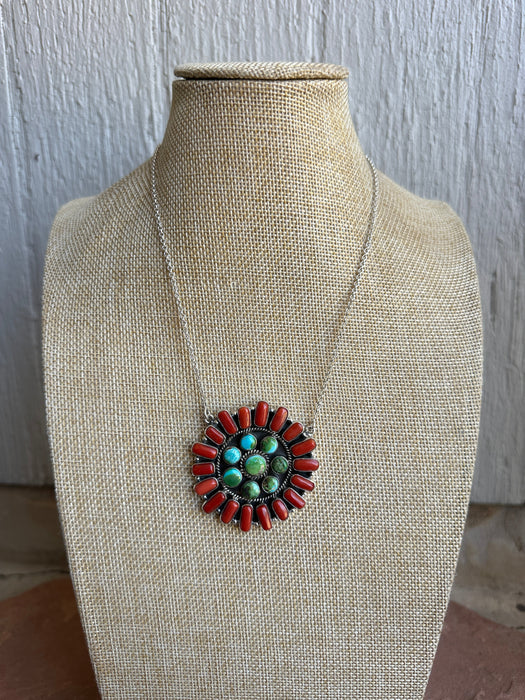 Beautiful Handmade Sterling Silver, Sonoran Mountain Turquoise & Coral Cluster Necklace Signed Nizhoni