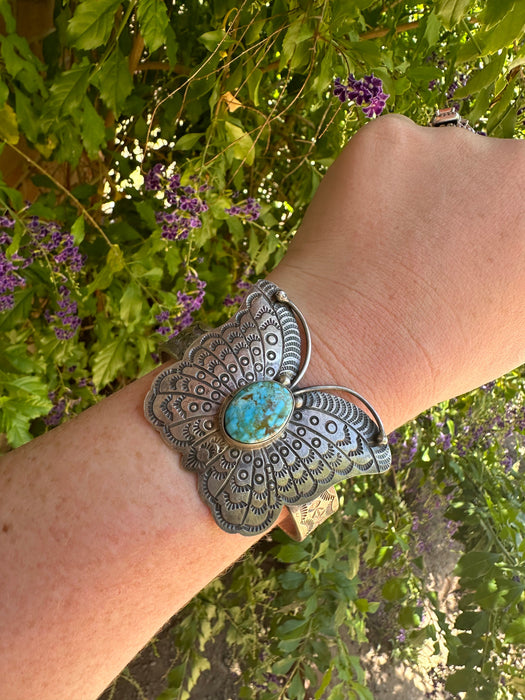 Navajo Turquoise & Sterling Silver Butterfly Cuff Bracelet Signed B Johnson