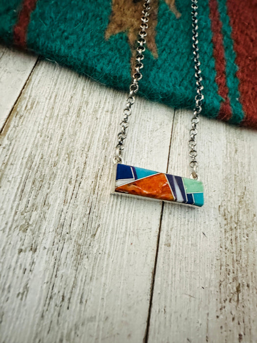 Navajo Multi Stone & Sterling Silver Inlay Bar Necklace