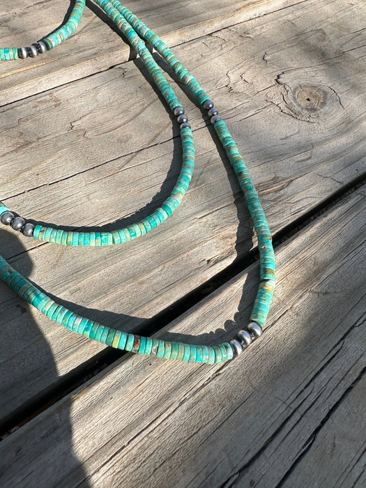 Handmade Sterling Silver & Turquoise Beaded Necklace 42”