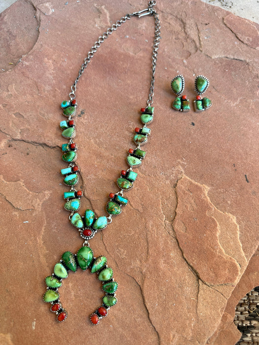 Beautiful Handmade Sterling Silver, Coral & Sonoran Turquoise Necklace SET