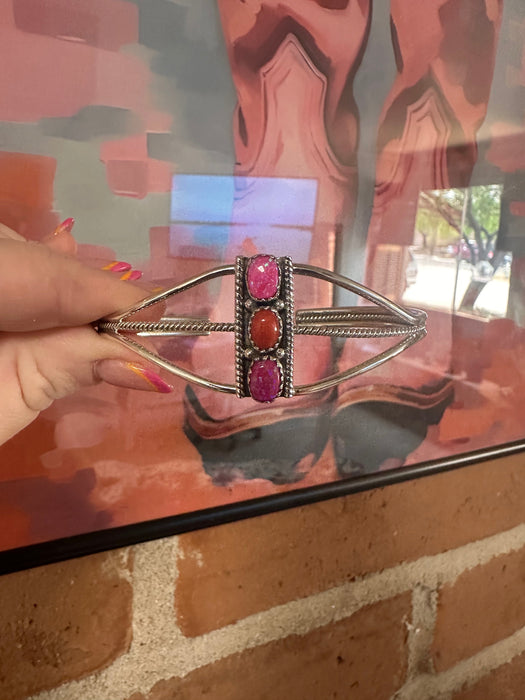 Handmade Sterling Silver & Hot Pink Fire Opal Adjustable Cuff Bracelet