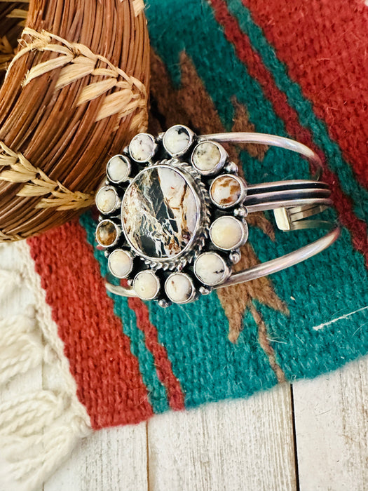 Navajo White Buffalo & Sterling Silver Cluster Cuff Bracelet