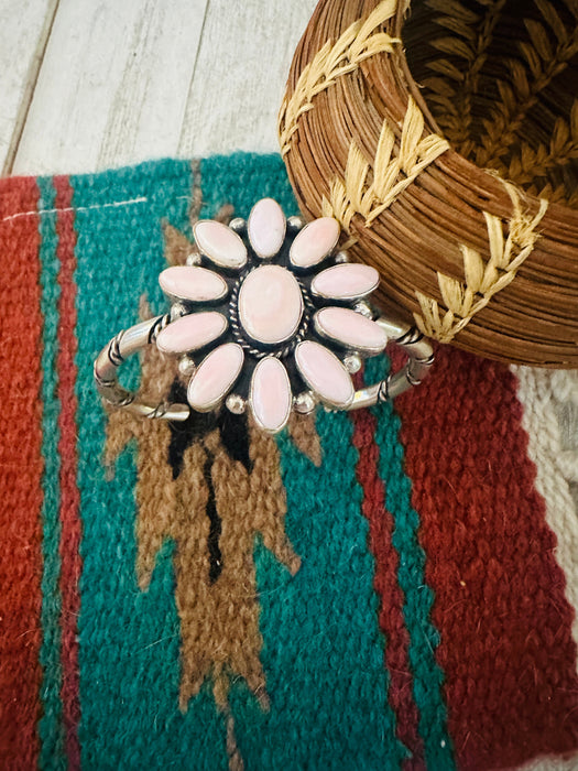 Navajo Queen Pink Conch Shell & Sterling Silver Cluster Cuff Bracelet