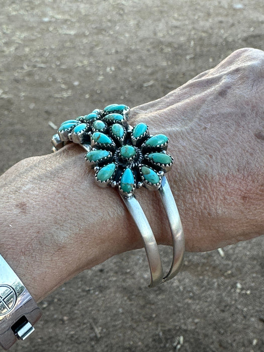 Handmade Sterling Silver & Royston Flower Turquoise Cluster Cuff Bracelet