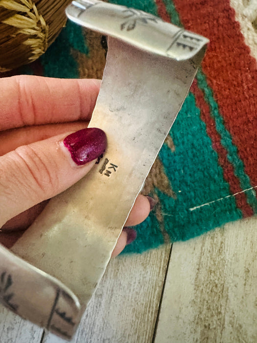 Navajo Hand Stamped Sterling Silver & Turquoise Cuff Bracelet