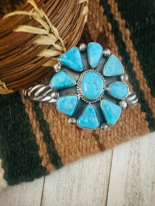 Navajo Kingman Turquoise & Sterling Silver Cluster Cuff Bracelet