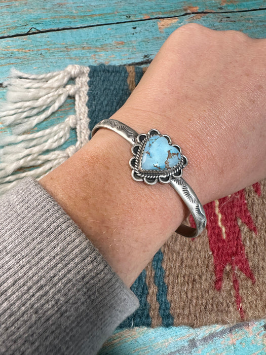 Handmade Sterling Silver Golden Hills Turquoise Adjustable Heart Cuff Bracelet