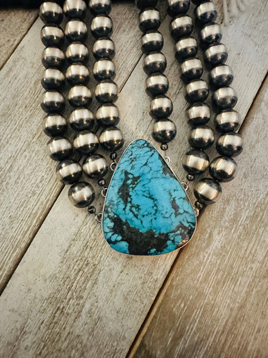 Navajo Sterling Silver & Turquoise Beaded Triple-Strand Necklace