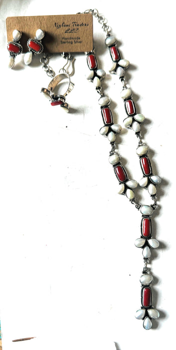 Handmade Sterling Silver, Pearl & Coral Necklace Earring Ring Set Signed Nizhoni