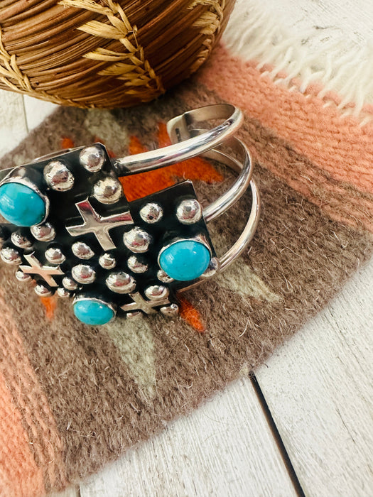 Navajo Turquoise & Sterling Silver Cross Cuff Bracelet By Chimney Butte