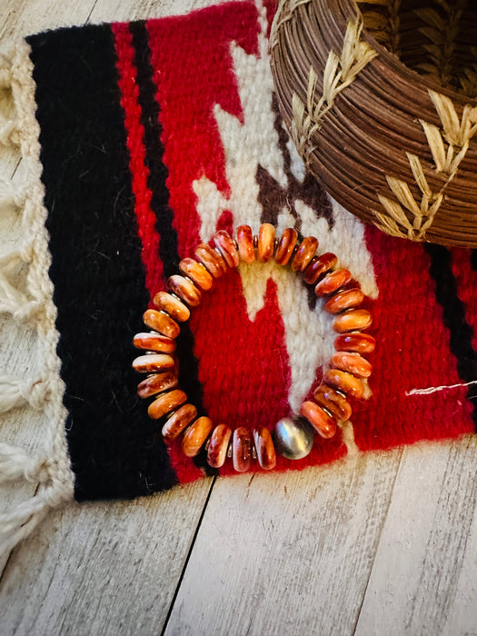 Navajo Orange Spiny & Sterling Silver Beaded Stretch Bracelet