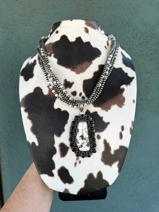 Navajo White Buffalo, Onyx And Sterling Silver 5 Strand Beaded Necklace With Pendant Signed - Culture Kraze Marketplace.com