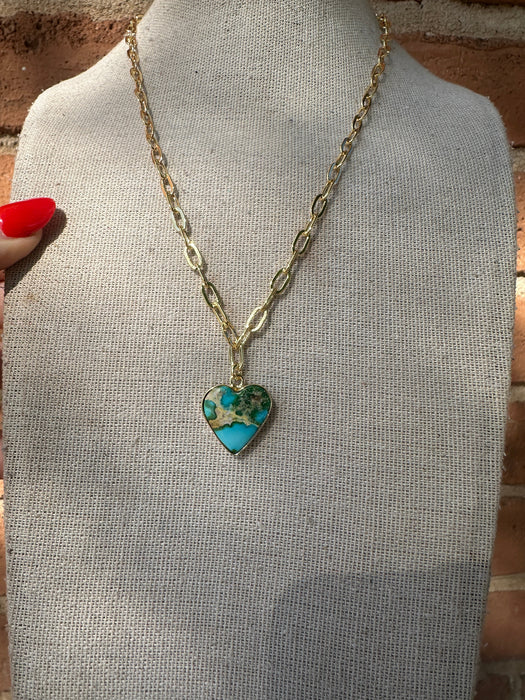 “The Golden Collection” THE SONORAN Handmade Natural Sonoran Mountain Turquoise 14k Gold Plated Heart Necklace