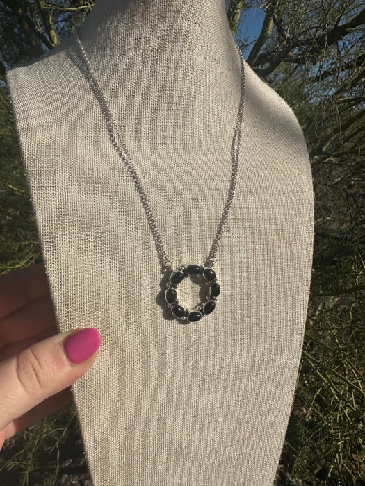 Handmade Sterling Silver & Onyx Circle Necklace Signed Nizhoni