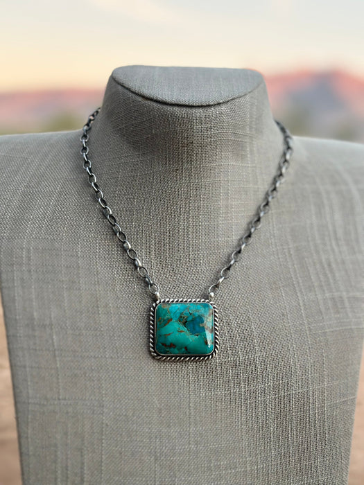 Navajo Alfred Martinez Sterling Silver & Kingman Turquoise Mojave Bar Necklace