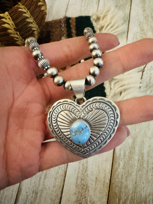 Navajo Golden Hills Turquoise & Sterling Silver Beaded Heart Necklace