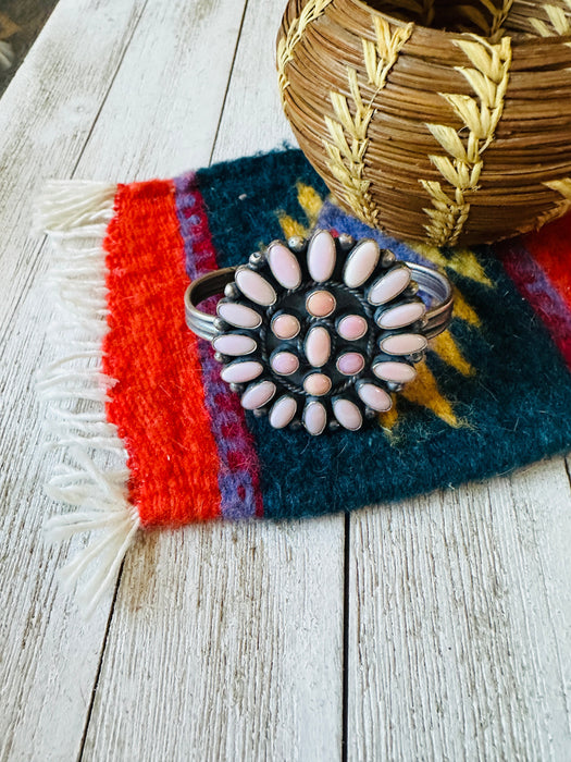 Navajo Queen Pink Conch Shell & Sterling Silver Cluster Cuff Bracelet