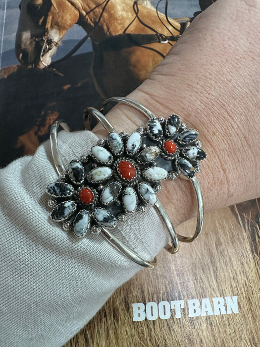 Handmade Sterling Silver, White Buffalo & Coral Adjustable Cuff Bracelet