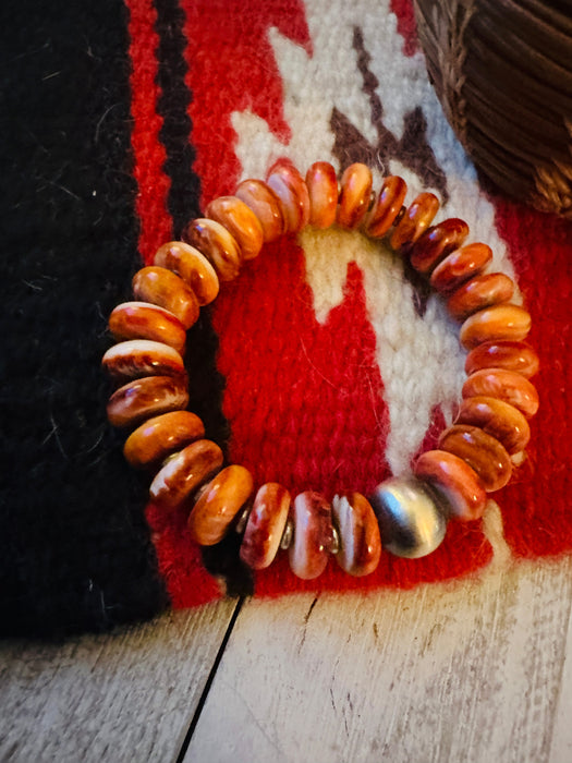 Navajo Orange Spiny & Sterling Silver Beaded Stretch Bracelet