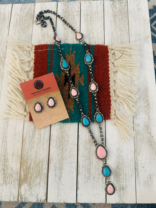 Navajo Turquoise, Pink Conch & Sterling Silver Necklace Set