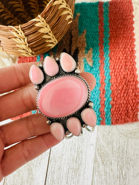 Navajo Queen Pink Conch Shell & Sterling Silver Cluster Cuff Bracelet