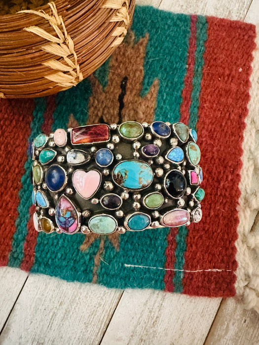 Navajo Multi Stone & Sterling Silver Cluster Cuff Bracelet