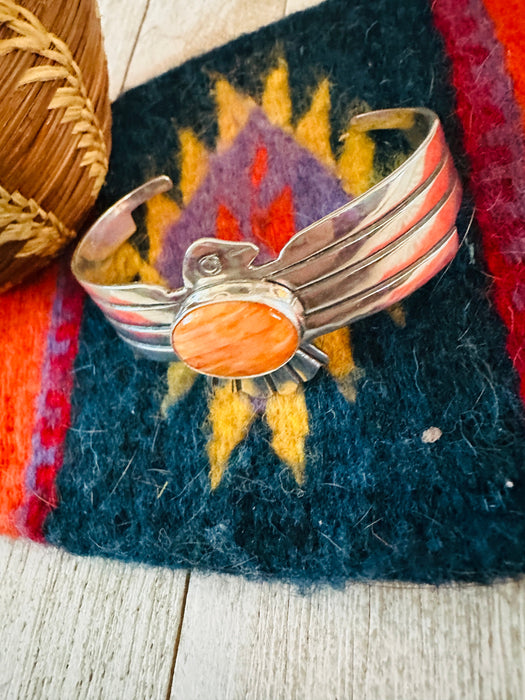 Navajo Orange Spiny & Sterling Silver Thunderbird Cuff Bracelet