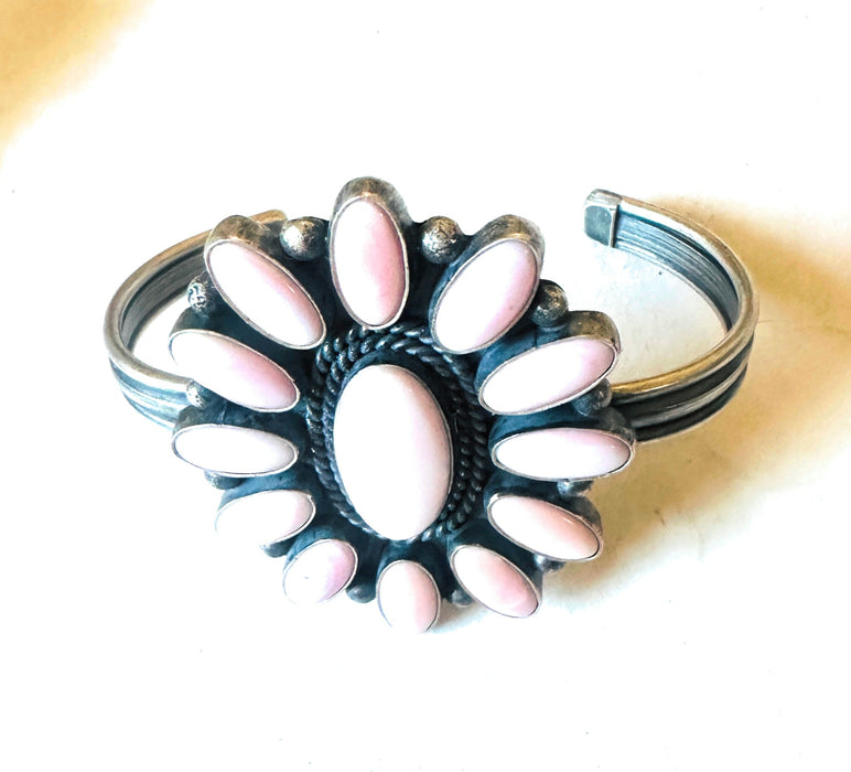 Navajo Queen Pink Conch Shell & Sterling Silver Cluster Cuff Bracelet