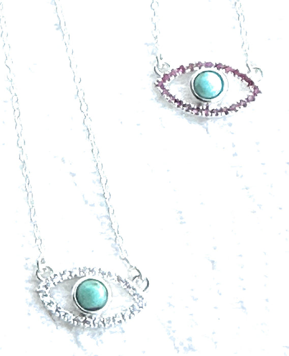 Handmade Sterling Silver Turquoise and CZ Evil Eye Necklace