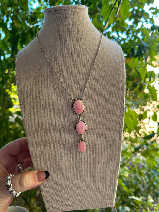 Handmade Sterling Silver & Queen Pink Conch 3 Stone Drop Necklace