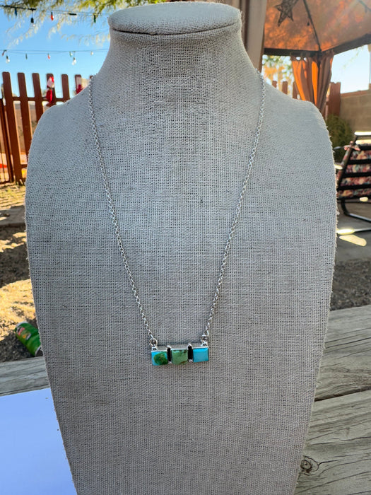 Beautiful Handmade Sterling Silver & Sonoran Mountain Turquoise 3 Stone Bar Necklace STYLE 2