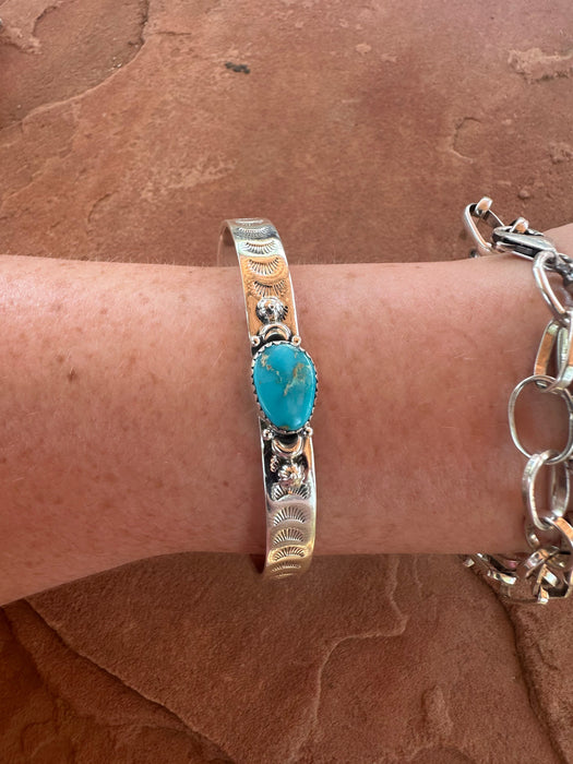 Handmade Sonoran South Hill Turquoise & Sterling Silver Single Stone Adjustable Cuff Bracelet