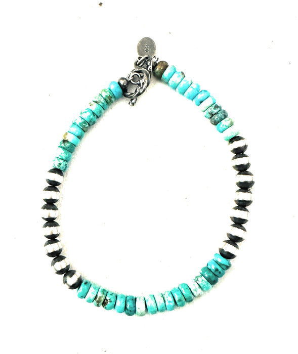 Navajo Turquoise & Sterling Silver Beaded Bracelet 7.5 inch